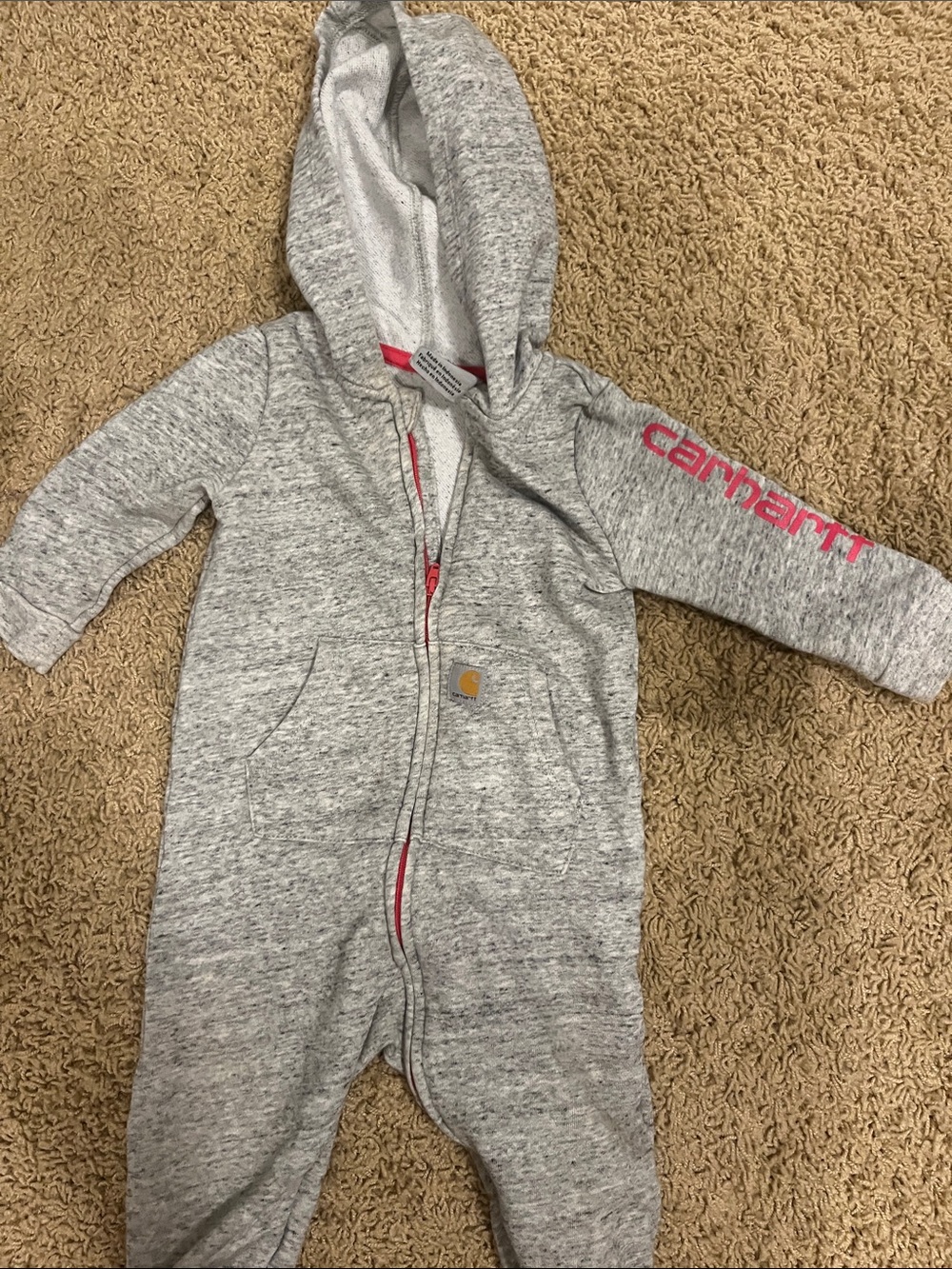 Carhartt Heather Gray Hooded Baby One-Piece with Pink Logo